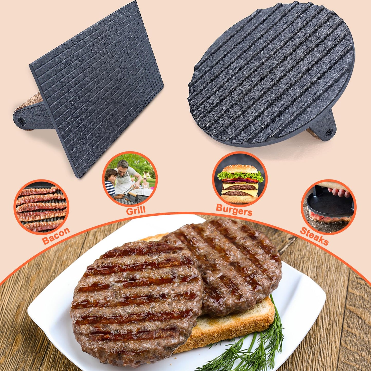 Smash Burger Press, Heavy-Duty Cast Iron Meat Press Hamburger Press with Heat Resistant Wooden Handle Hamburger Patty Maker Grill Bacon Sandwich Press Kit, 7" Round & 8.2"X4.3" Rectangle