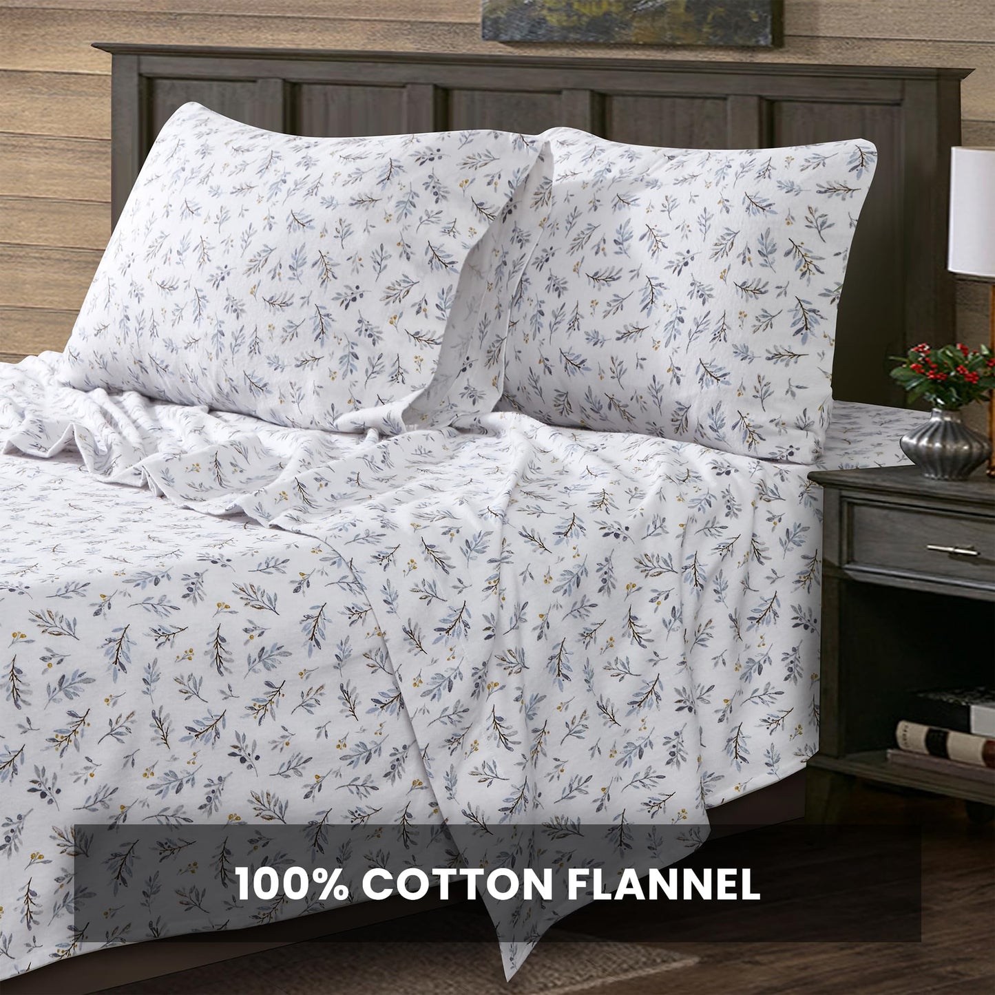 New Season - 100% Cotton Flannel Sheet Set Softly Brushed Cotton - Stylish Printed Bed Sheets - Warm, Breathable Bed Sheets Set (Leaf & Berry White, Queen)