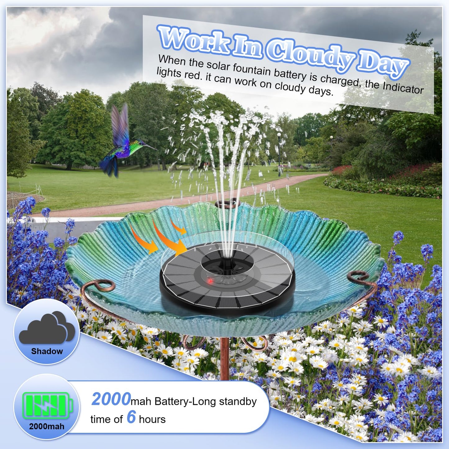 Yzert Solar Fountain with 2000mah Battery & Innovative Indicator, 3.5 W Glass Solar Water Fountain Works in Cloudy Day, Solar Fountain Pump for Birdbath,Garden, Outdoor, Pond