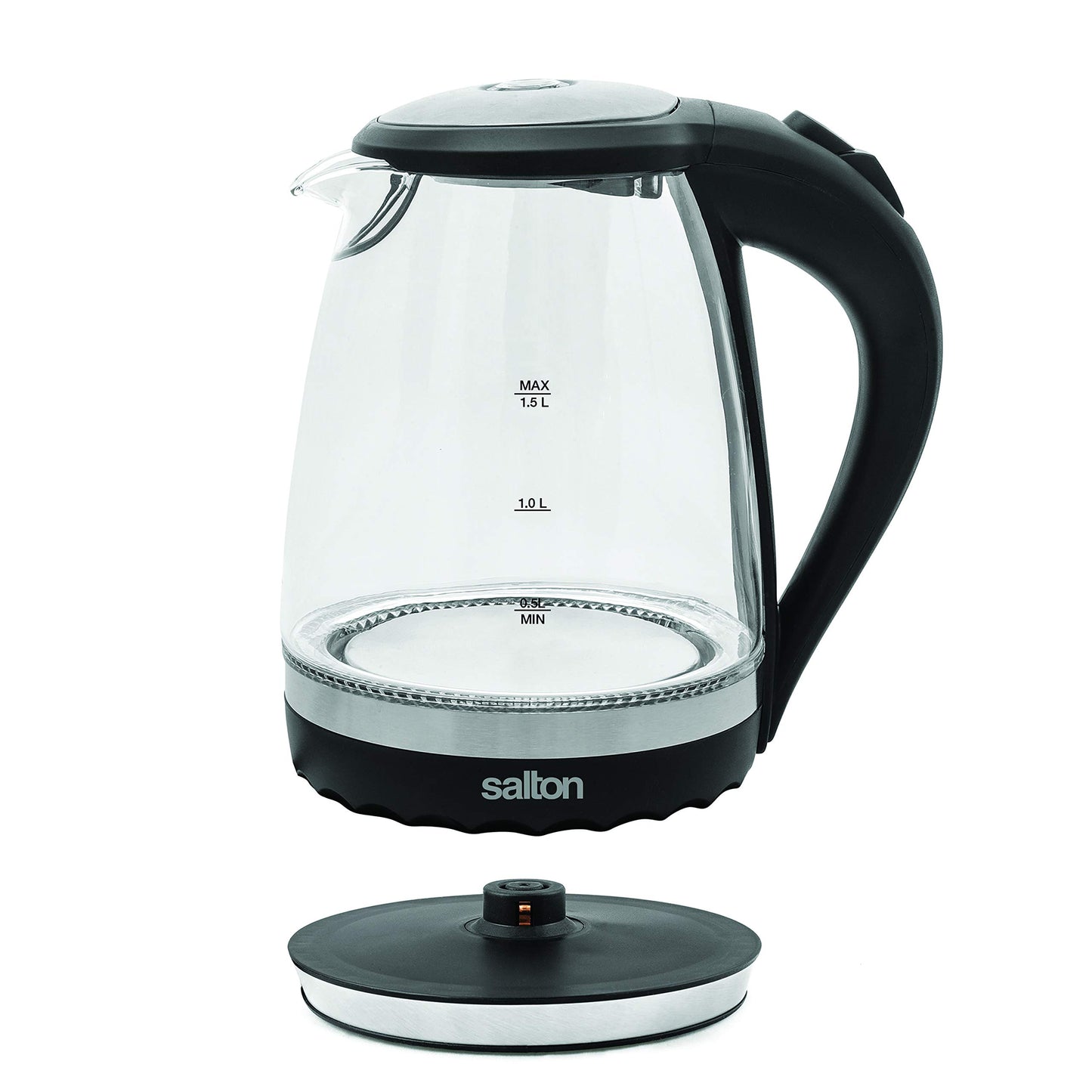 Salton Cordless Electric Glass Kettle - Compact 1.5L/Quart Water Boiler and Tea Heater with Automatic Shut-Off and Boil-Dry Protection, Soft Blue Illumination, Stainless Steel, 1100 Watts
