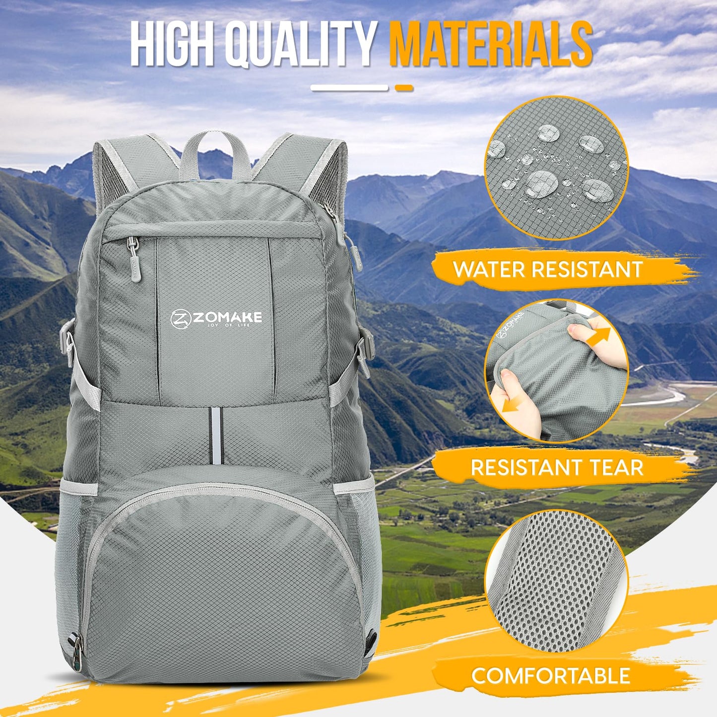 ZOMAKE Packable Hiking Backpack 35L, Water Resistant Lightweight Foldable Backpacks Daypack for Outdoor Hiking Women Men(Sliver Grey)