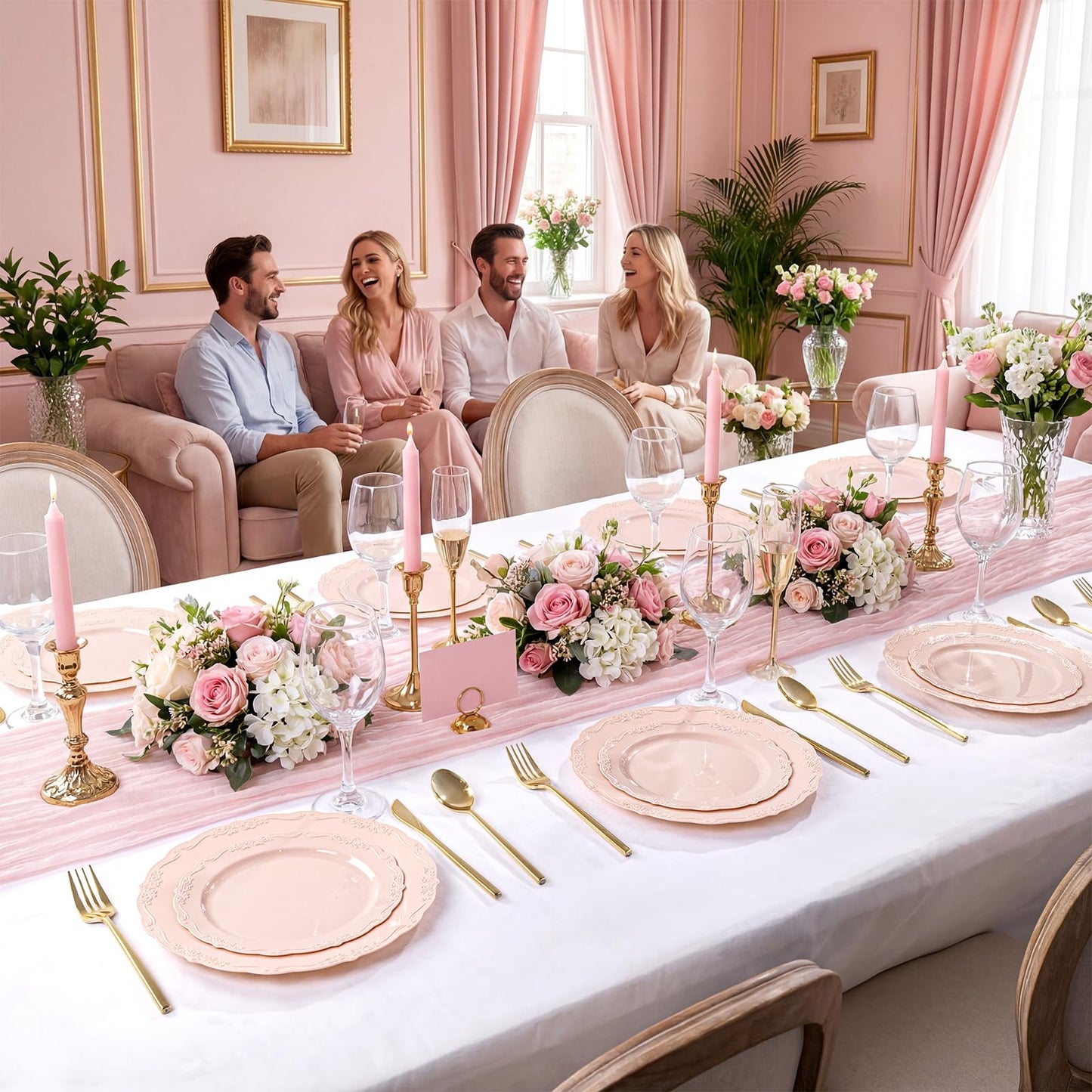 Tinybee 60PCS Pink Plastic Plates - Heavy Duty Pink Disposable Plates, Elegant Plastic Plates for Bridal Shower, Wedding and Party Including 30 Dinner Plates 10 '' & 30 Dessert Plates 7.5 ''