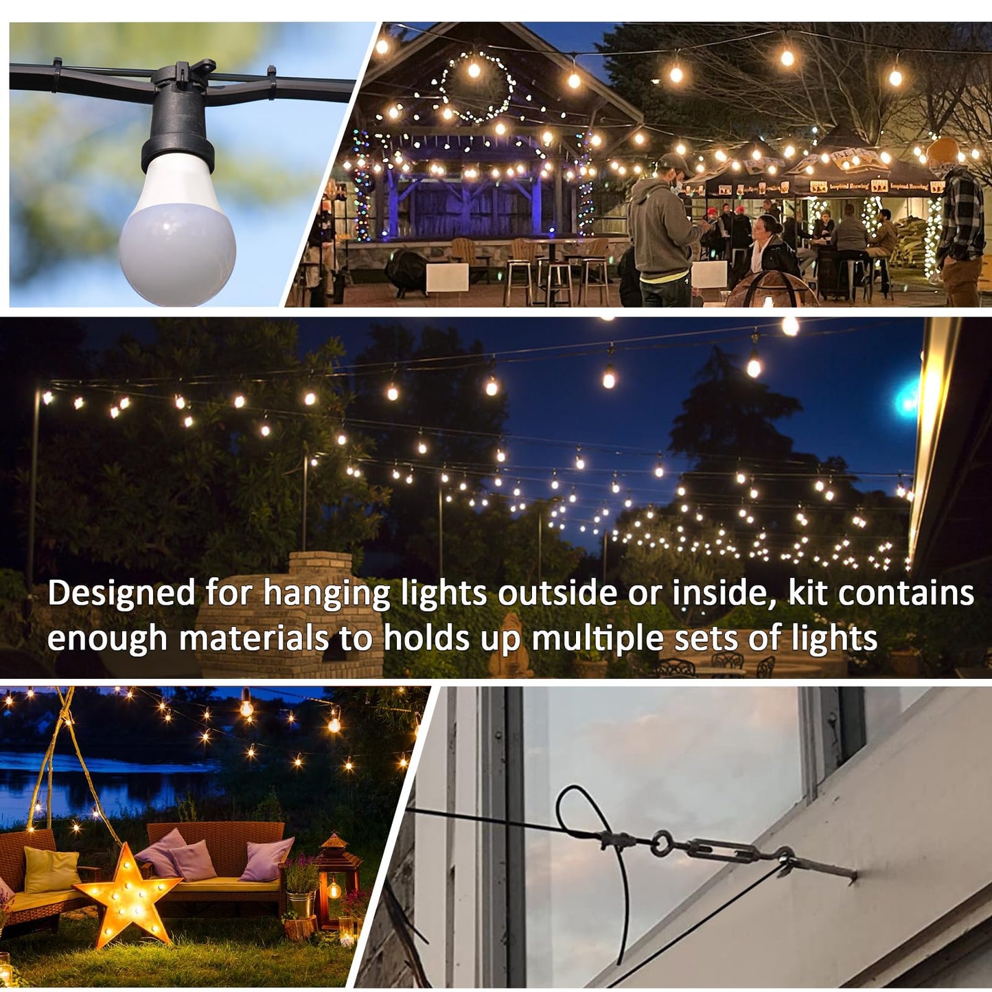 hannger String Light Hanging Kit Outdoor, Globe String Lights Suspension Kit, 50FT 3/16 Black PVC Coated Steel Cable w/ M6 Turnbuckle Tensioner Kit, Guide Wire for Outdoor/Patio/Camping String Light