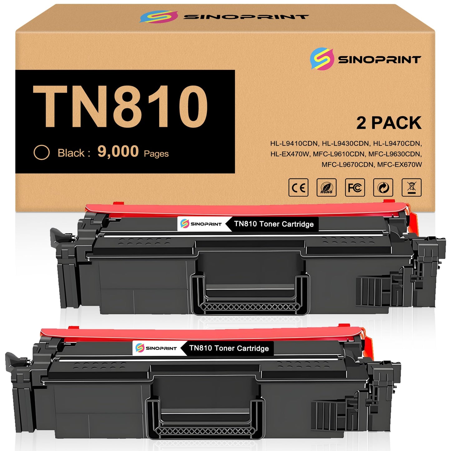 SINOPRINT TN810 Black TN-810 Toner Cartridge Replacement with CHIP TN810XL for Brother HL-L9410CDN MFC-L9610CDN HL-L9430CDN HL-L9470CDN MFCL9610 HL EX470W MFCEX670W(2-Black)