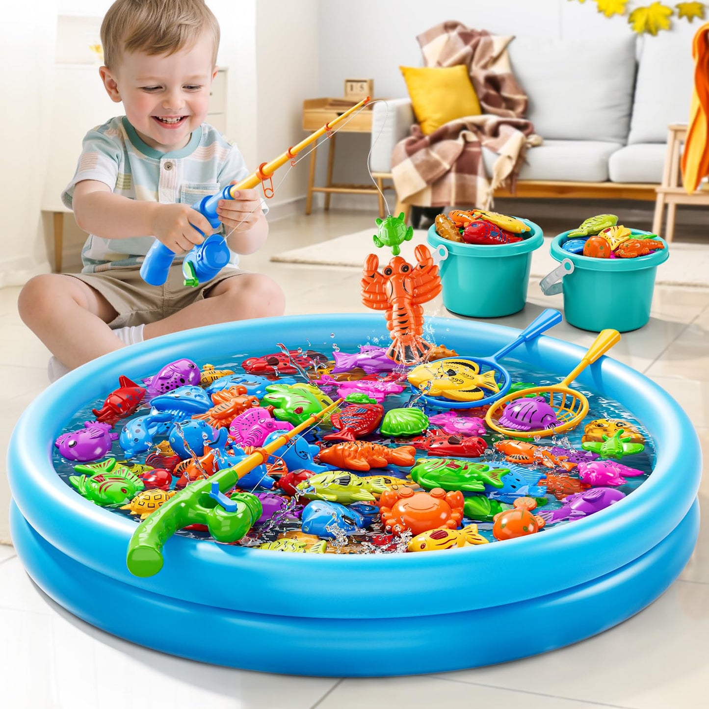 KIZONLY Magnetic Fishing Game for Kids 3-5 4-8 - Fish Toys for Kids 3-5, Bathtub Floating Fishing Pole, Water Table Pool, Rod Net and Pail, Bath Outdoor Gifts for Toddlers Age 3 4 5 6 7 8 Year Old