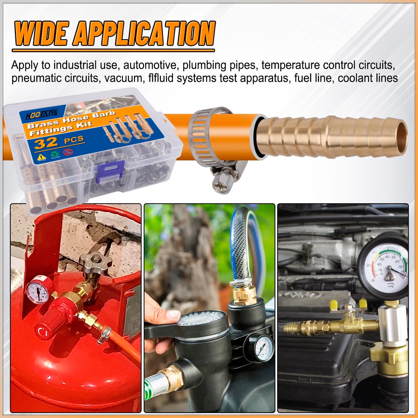 KOOTANS 32PCS Brass Hose Barb Fittings Barb Splicer Mender Hose Fittings Kit 3/16" 1/4" 5/16" 3/8" 1/2" Barbed Air Hose Fittings with 46pcs Pipe Clamps for Water Fuel Air Line Connector Fitting
