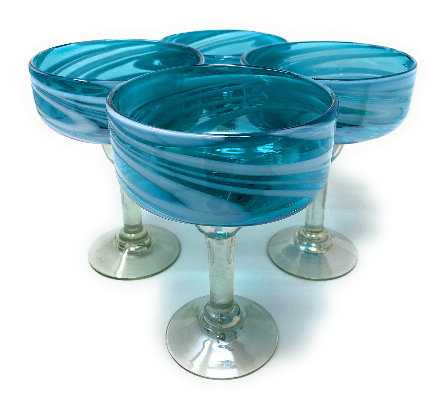 Dos Sueños Mexican Hand Blown Glass â€“ Set of 4 Hand Blown Margarita Glasses Aqua Swirl (16 oz)
