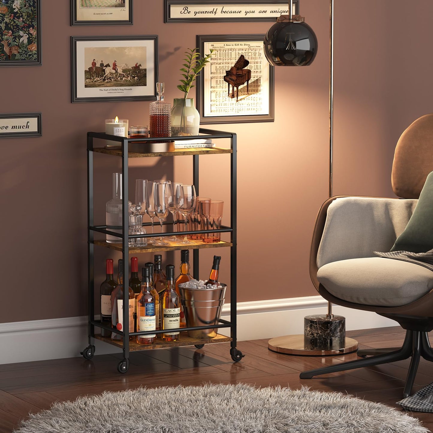Lifewit Bar Cart for The Home, 3 Tier Small Coffee Cart, Rolling Mini Wine Cart with Lockable Wheels, Drink Serving Cart for Kitchen, Living Room, 17" x 11.8" x 32.1", Rustic Brown
