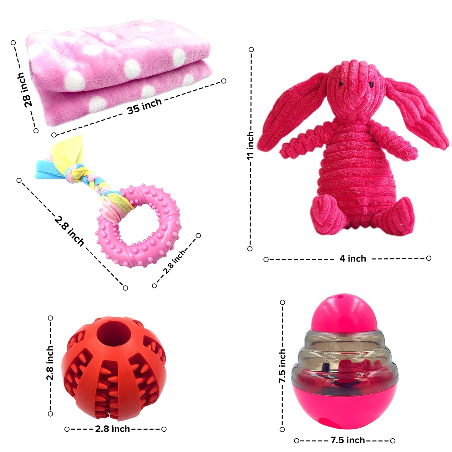 SoSoCute Pink Dog Gift Box - Puppy Chew Toy Set of 5 - Care Package with Dog Blanket, Squeaky Plush, Rubber Puppy Teether, Teething Ball, and Treat Ball for Small and Medium Dogs