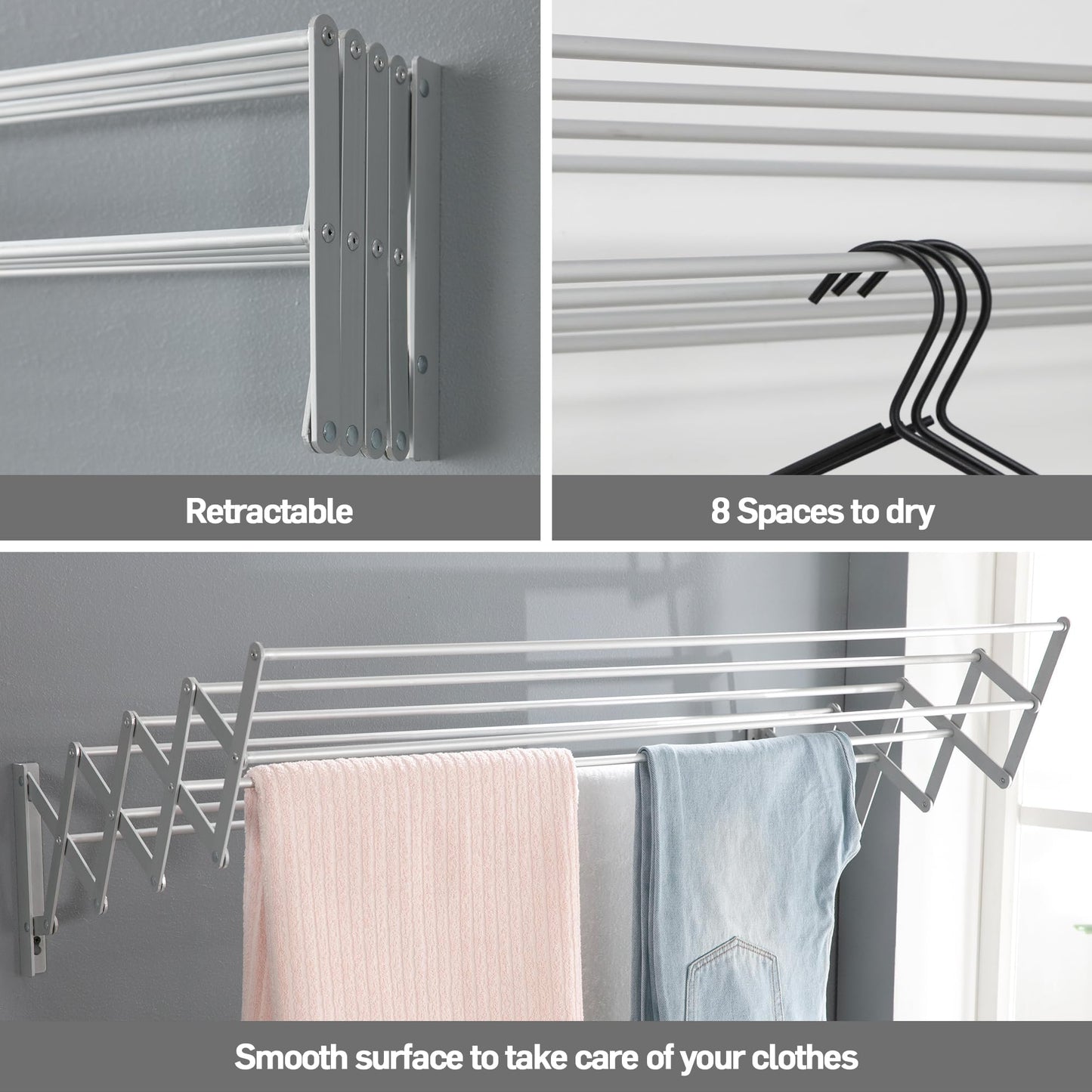 Guvarog 80cm Clothes Drying Rack Wall Mounted Clothes Drying Racks for Laundry Stainless Steel Retractable Clothing Drying Rack Foldable Seche Etendoir Linge Rustproof Accordion Cloth Drying Rack
