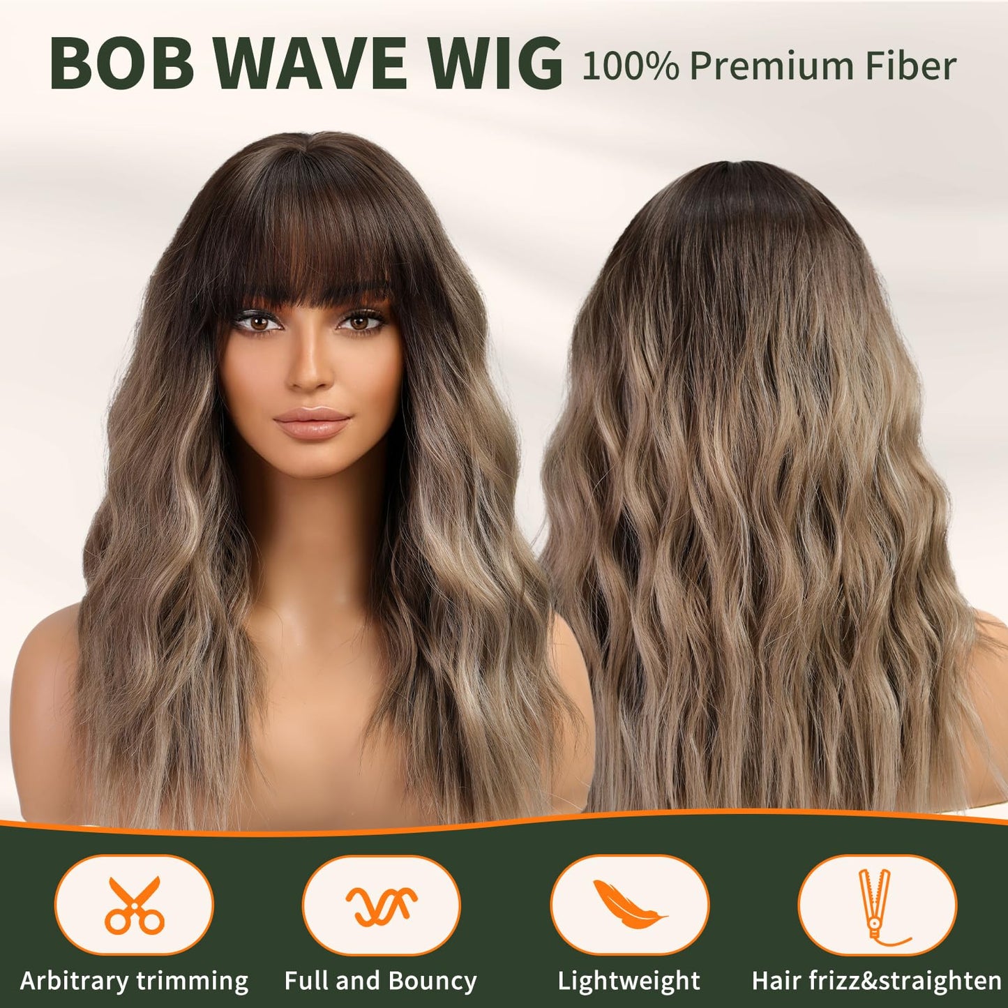 KOME Brown Wig with Bangs,Brown Highlight Wavy Wigs for Women,Shoulder Length Curly Synthetic Hair Wig for Party Daily Use 18IN…