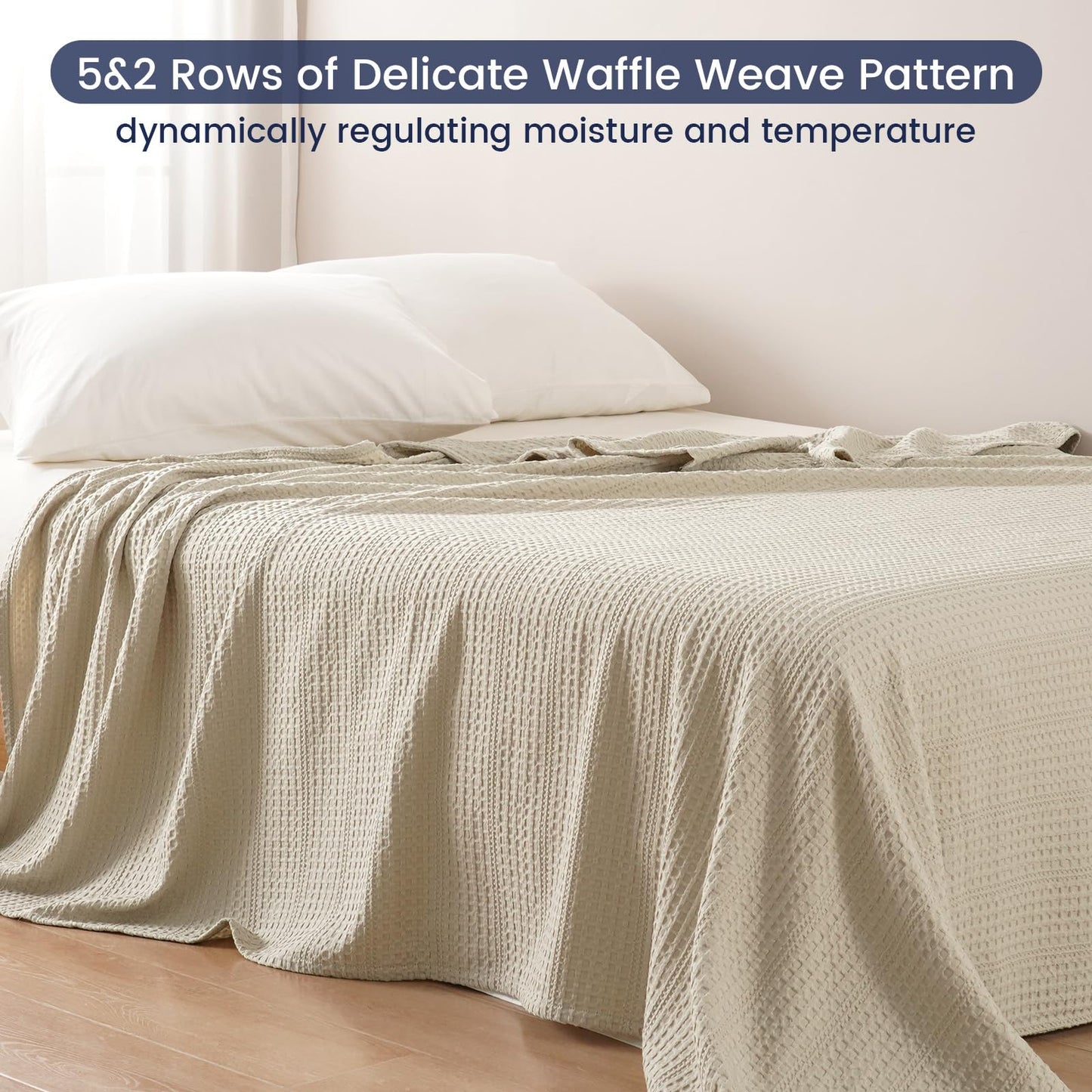 PHF Soft Waffle Weave Blanket Queen Size 90''x90'' - Lightweight and Breathable Woven Blankets for All Season - Great Decor for Couch Bed Sofa - Natural/Linen