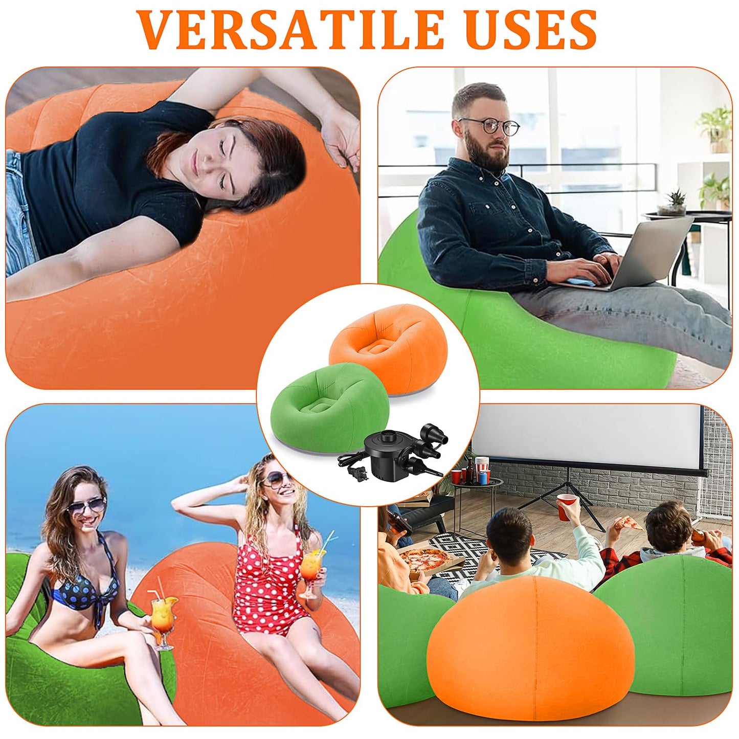 2 Pack Bean Bag Chairs for Adults, Inflatable Chair with Electric Air Pump, Blow Up Lounger Chair, Folding Inflatable Sofa Couch for Camping Living Room Outdoor Activities