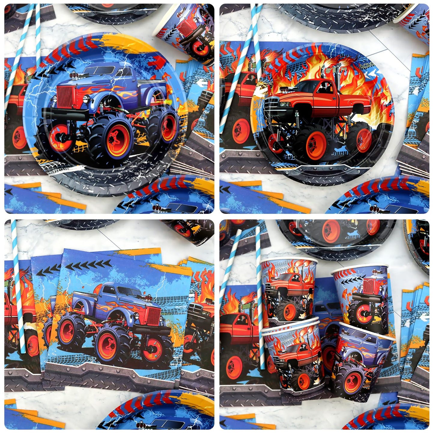 KEFAN Monster Truck Birthday Party Decorations, Monster Truck Birthday Party Supplies including Backdrop, Plates, Cups, Napkins, Tablecloth, Balloons for Boys Birthday Party (Background)