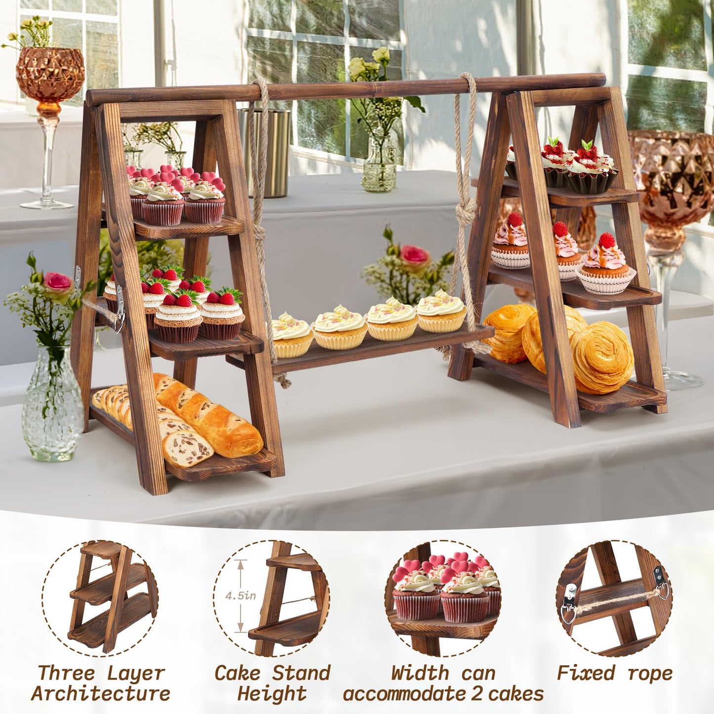 bimiti Wooden Double Dessert Table Display Set Rack 3 Tier Serving Tray Solid Wood Ladder Stand Wedding Cupcake Stand Dark Walnut Decorative Tray for Cake Snack Fruit Chips Bread Centerpieces
