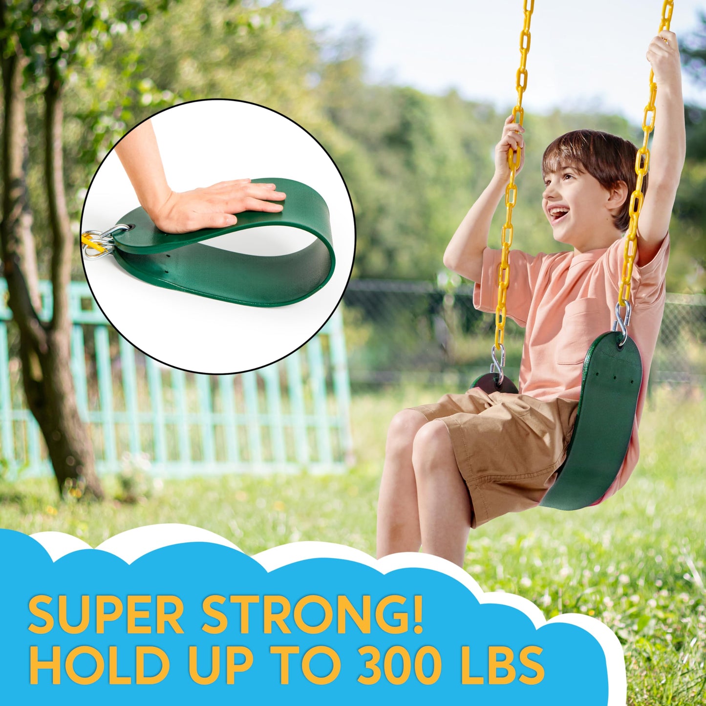 TURFEE Heavy Duty Swing Seat Green Color with 66” Chain, Swing Set Accessories Replacement with Snap Hooks for Kids Outdoor Play Playground Swing, Trees, Swing Set