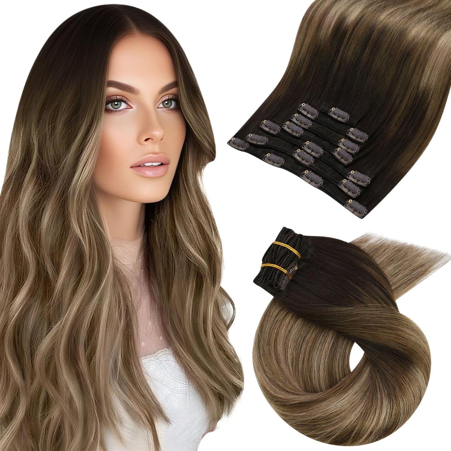 Moresoo Clip in Hair Extensions Human Hair Ombre Dark Brown to Dark Ash Blonde with Golden Blonde Balayage Hair Extensions for Women Clip in Human Hair Double Weft Clip in Extensions 18Inch 7Pcs 120G