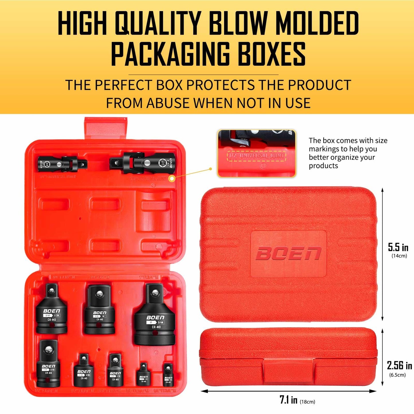 BOEN 10-Piece Impact Socket Adapter and Reducer Set, Standard SAE 1/4" 3/8" 1/2" 3/4", CR-MO Steel Driver & Wrench Conversion Kit Socket Reducer with 3/8" & 1/2" Universal Joint