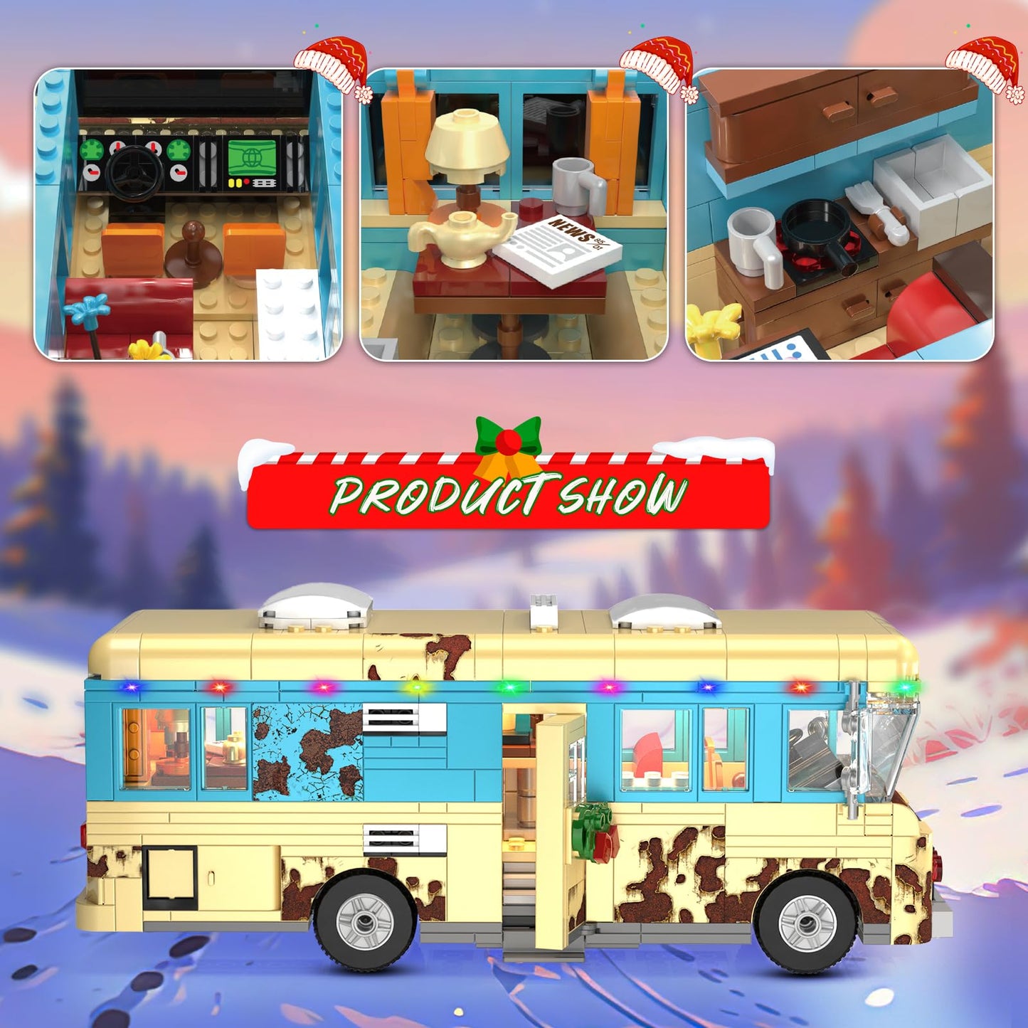 Christmas Cousin's RV Building Kit,LED Holiday Snow Village RV,10.1 Inch Christmas RV,Compatible with Lego,Gifts for Family and Friends(532pcs)
