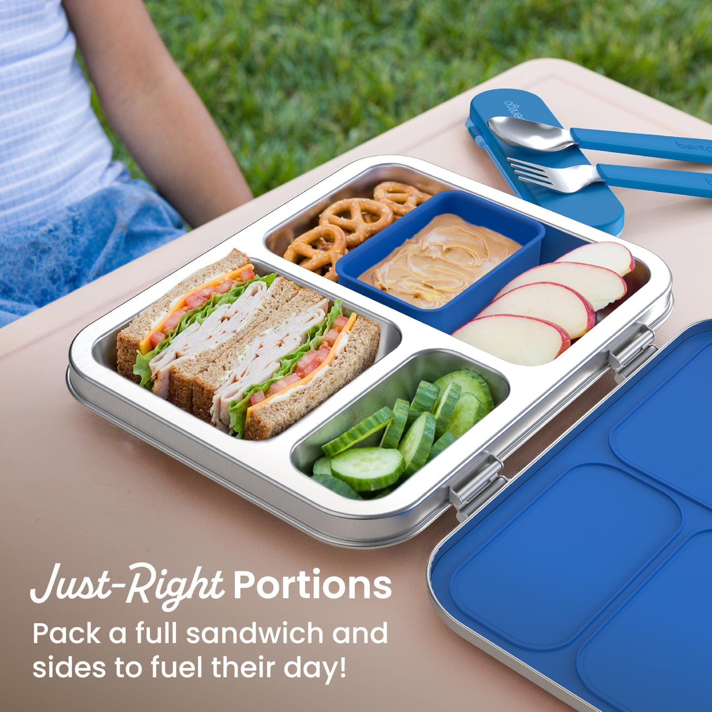 Bentgo® Kids Stainless Steel Leak-Resistant Lunch Box - Bento-Style Redesigned in 2022 w/Upgraded Latches, 3 Compartments, & Extra Container - Eco-Friendly, Dishwasher Safe, Patented Design (Blue)