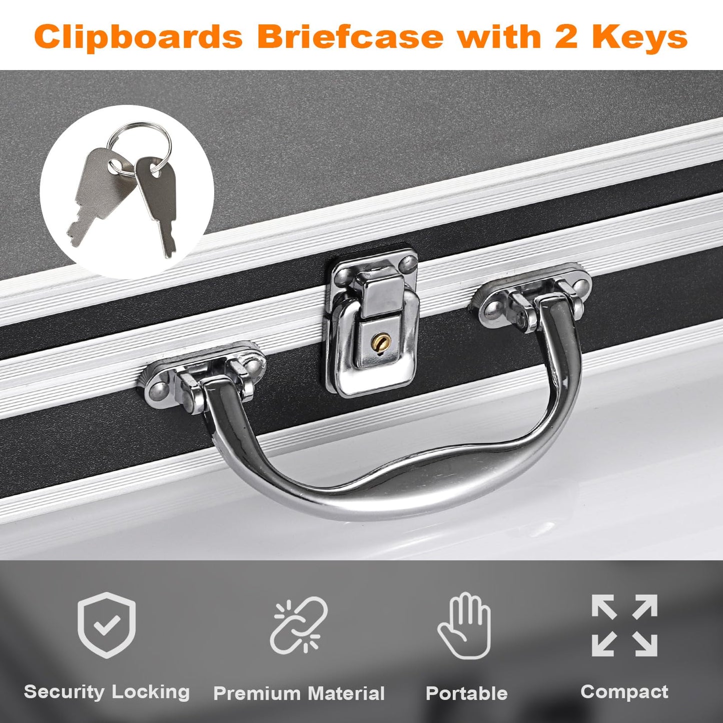 JuxYes Locking Clipboard Storage Box with Handle and Key, Aluminum Clipboard Case Portable Small Briefcase with Binder, Metal Letter Size Paper Organizer for Office Business Men, Silver Black