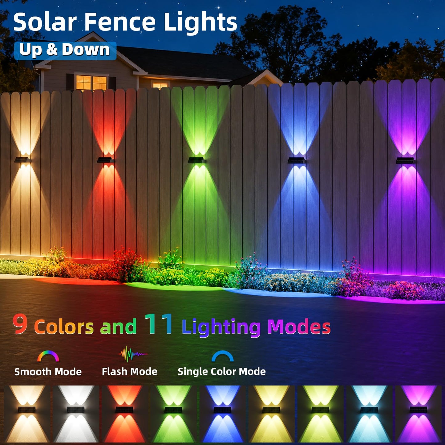 NIORSUN Solar Fence Lights Outdoor, 8 Pack Up and Down Waterproof Solar Wall Lights, Fence Lights with Lens, Warm & Cool White + RGB, Dusk to Dawn Lighting for Patio, Backyard, Pool, Railing (Black)