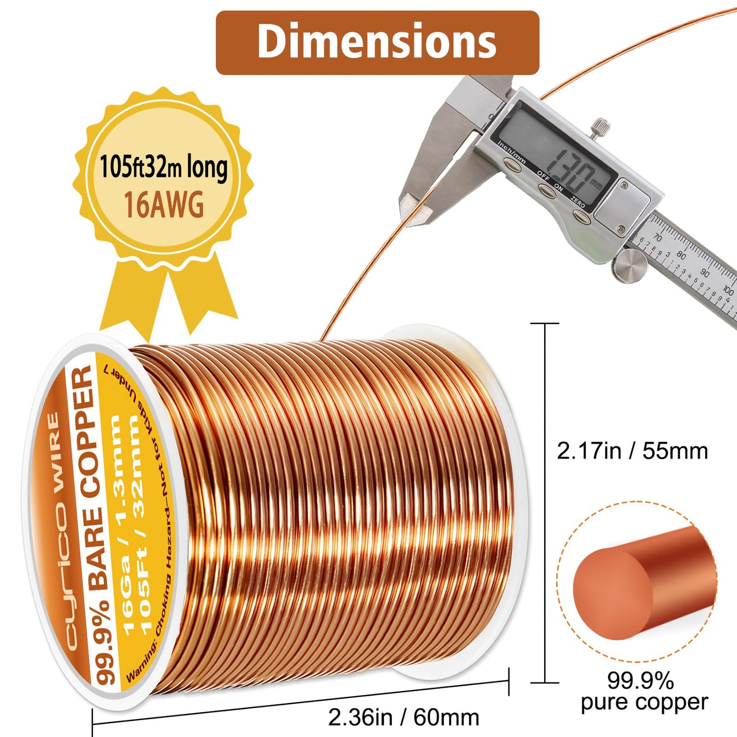 99.9% Pure Copper Wire, 16 Gauge 105 Feet Solid Bare Copper Wire for Jewelry Making Crafts, Electroculture Gardening Antenna, Cyrico Bendable Soft for Plants