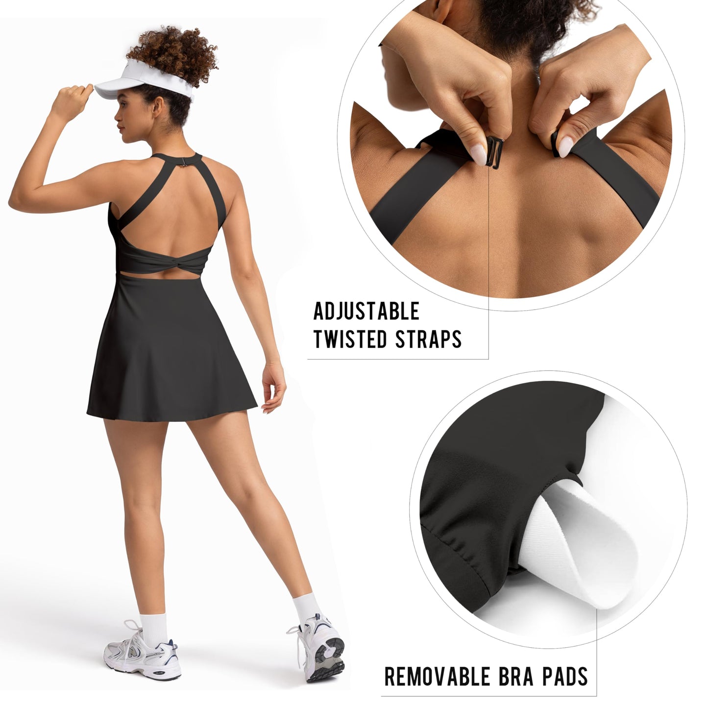 MIRITY Cut Out Easy Pee Twisted Activewear Tennis Dress for Women - with Built in Shorts and Pockets, 1 Black, Small