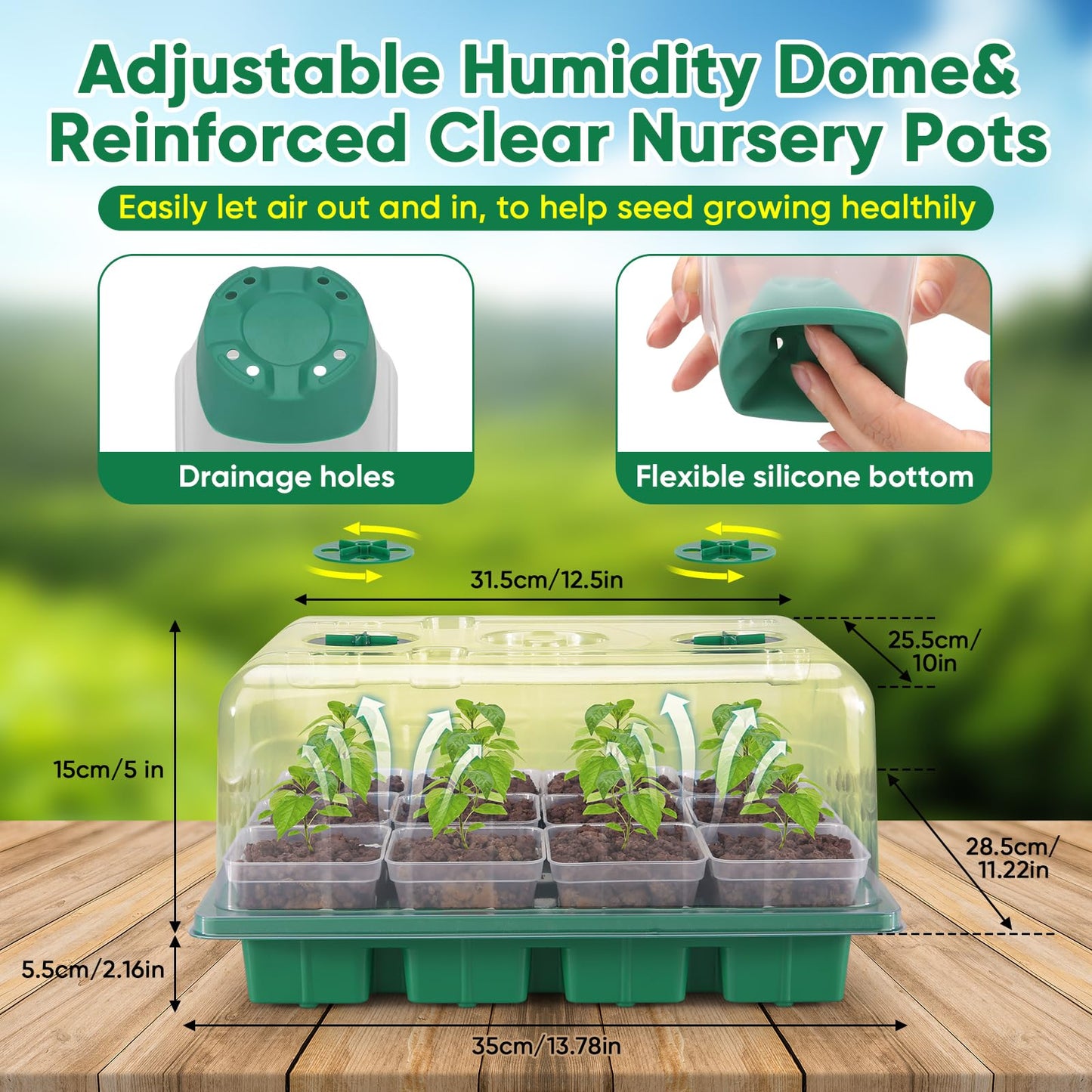BlumWay Seed Starter Tray with Grow Light,24 Pack 2.9 inch Reuseable Clear Nursery Pots with Silicone Base/Humidity Dome for Deep-Rooted Seedlings,Adjustable Timed Light Plant Starter Set