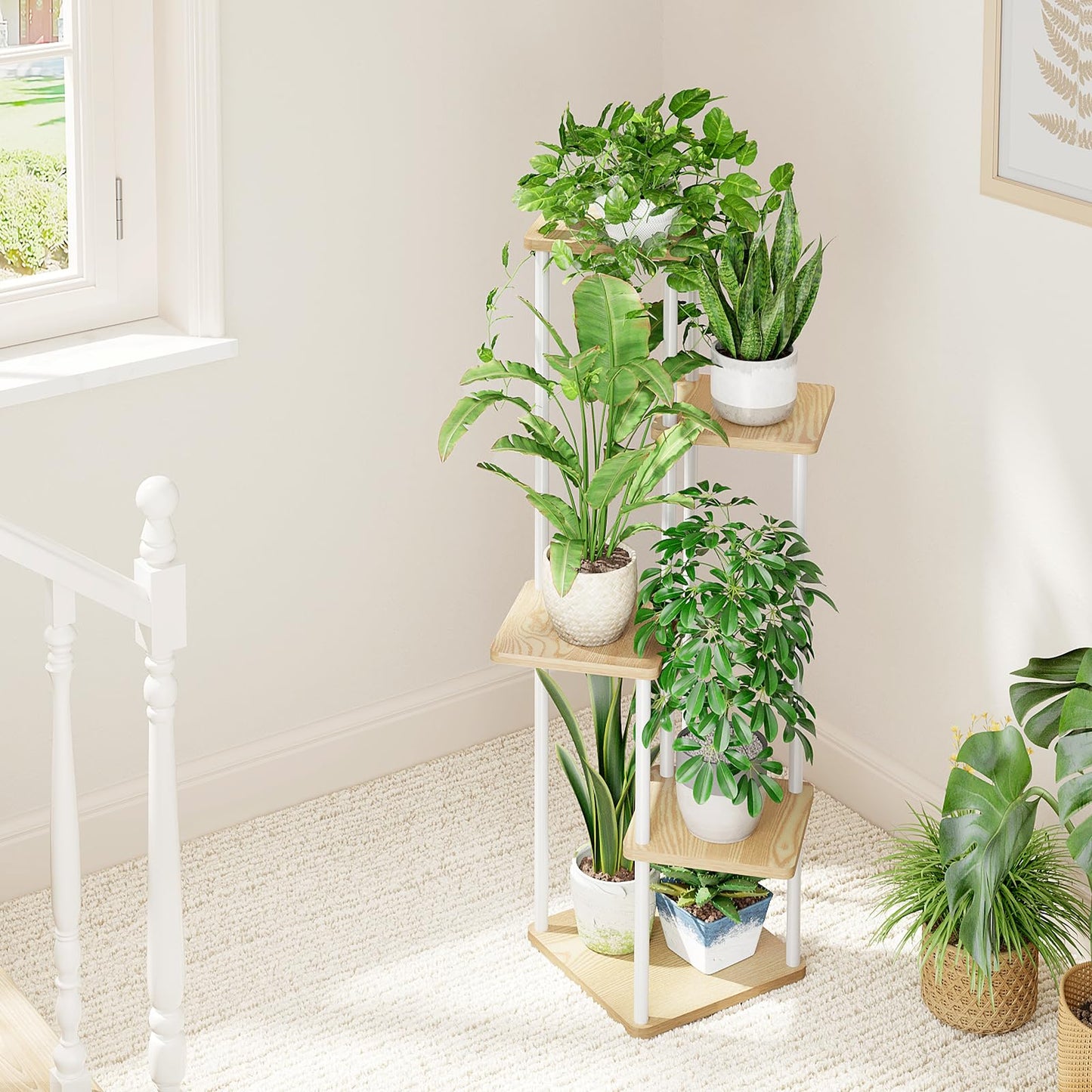 Bamworld Corner Plant Stand Indoor, Tall Metal Plant Shelf for Multiple Plants, 5 Tier Flower Stand for Patio Garden Balcony Living Room Bedroom(White)