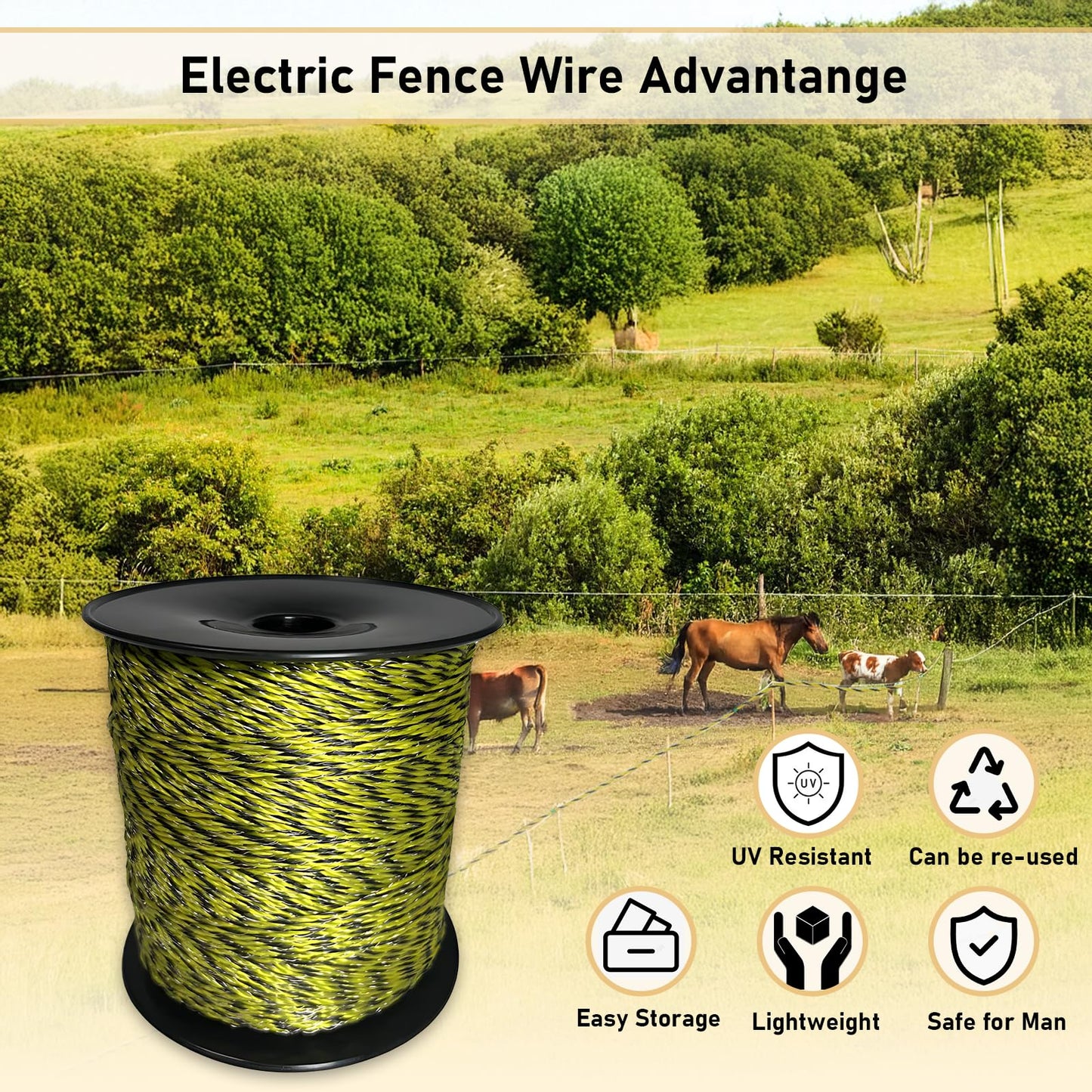 Electric Fence Polywire 1640Ft, 500 Meters Durable Conductors for Reliable Conductivity, UV & Rust Resistant, Portable Electric Fencing for Livestock and Farm Use