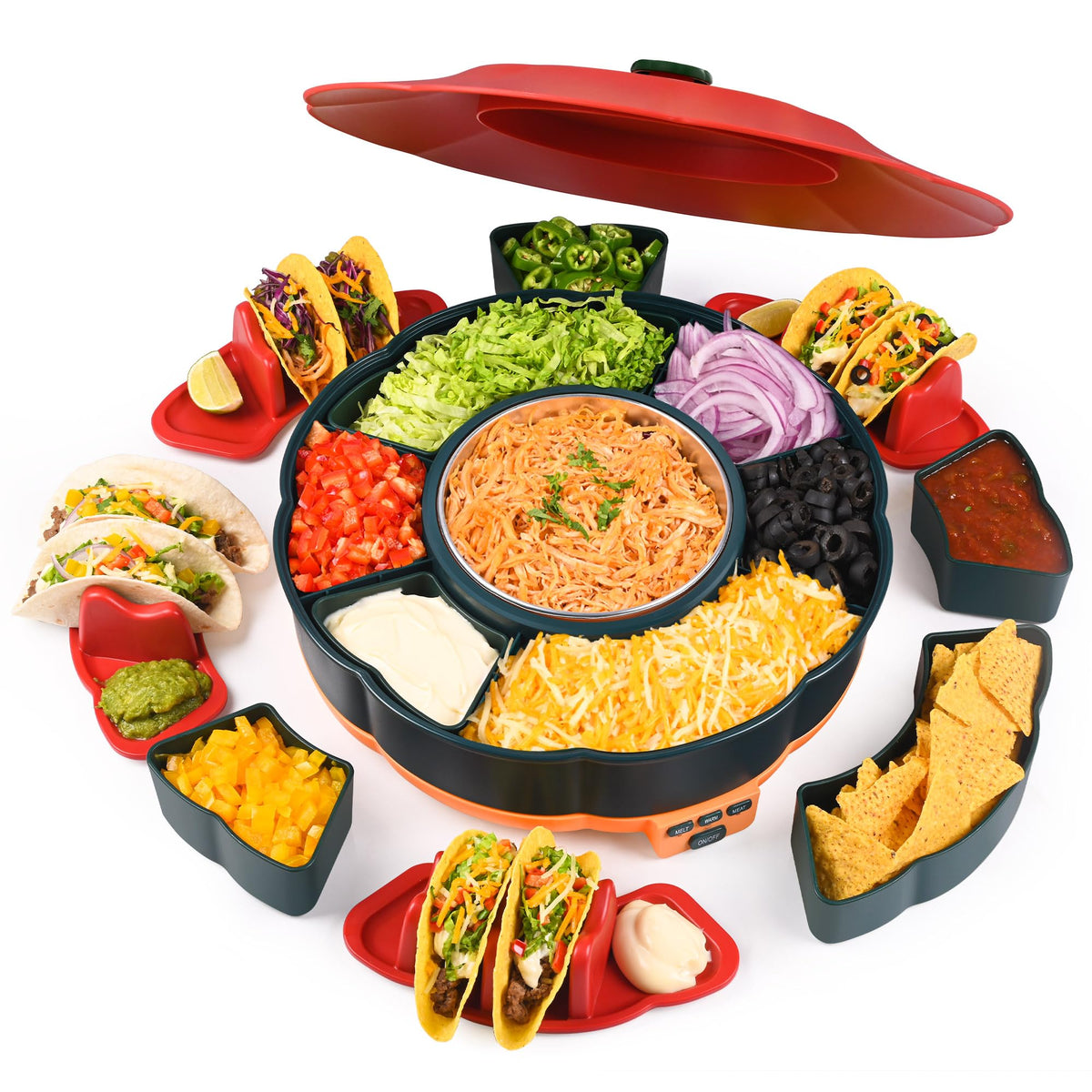 Taco Tuesday Kit, Taco Bar Serving Set for a Party with 3-Temp Control, 33oz Heated Pot, 6 Removable Trays & 4 Taco Holders, Lazy Susan Taco Bar for Burritos, Nachos, and Fajitas, Christmas Gift