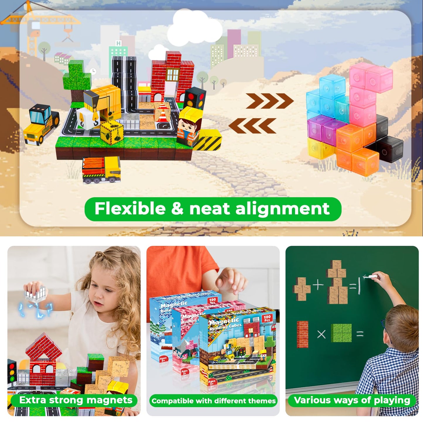 Annexfun 100PCS Magnetic Building Blocks, Road Construction Toy Magnetic Cubes with Car for Kids, STEM Learning Toys Christmas Birthday Easter Gifts for 3 4 5 6 7 8 9 Year Oold Boys Girls Building Toy
