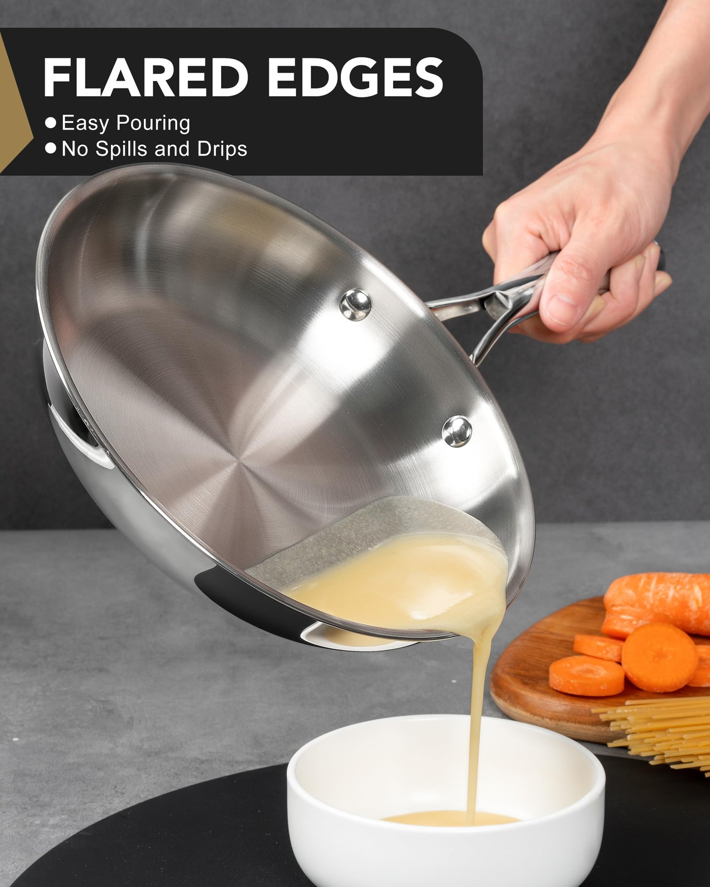 MICHELANGELO Stainless Steel Frying Pan Set, 8" 10" Cooking Pan Set with Triply Base, Stainless Steel Skillet with Ergonomic Handle, Induction Compatible