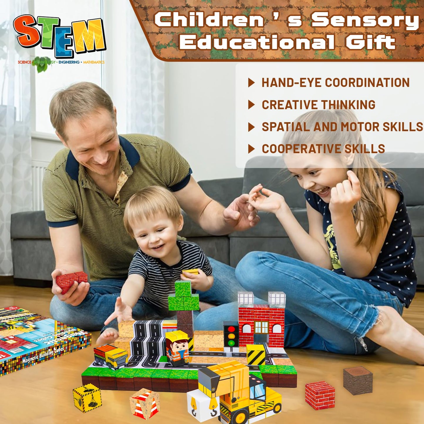 Annexfun 100PCS Magnetic Building Blocks, Road Construction Toy Magnetic Cubes with Car for Kids, STEM Learning Toys Christmas Birthday Easter Gifts for 3 4 5 6 7 8 9 Year Oold Boys Girls Building Toy