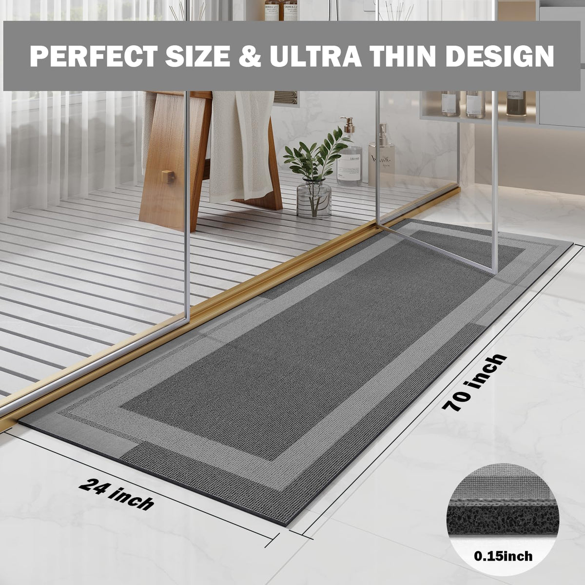 YDKGL Extra Long Non Slip Bathroom Runner Bath Mat, Rubber Backing Ultra Thin Bath Rug Fit Under Door Quick Dry Super Absorbent Washable Shower Mat for Bathroom Floor Bathtub Sink, Dark Grey 24"x70"