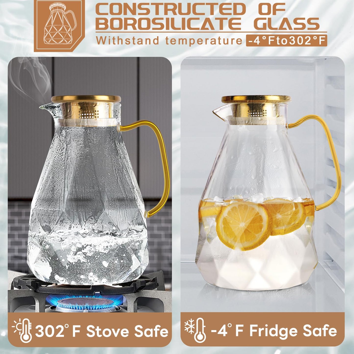 Yirilan Glass Pitcher, 3 Liter Water Pitcher with Lid, Iced Tea Pitcher for Fridge, Glass Water Carafe with Lid, Glass Water Jug, Large Drink Pitcher for Juice, Milk, Cold Or Hot Beverages