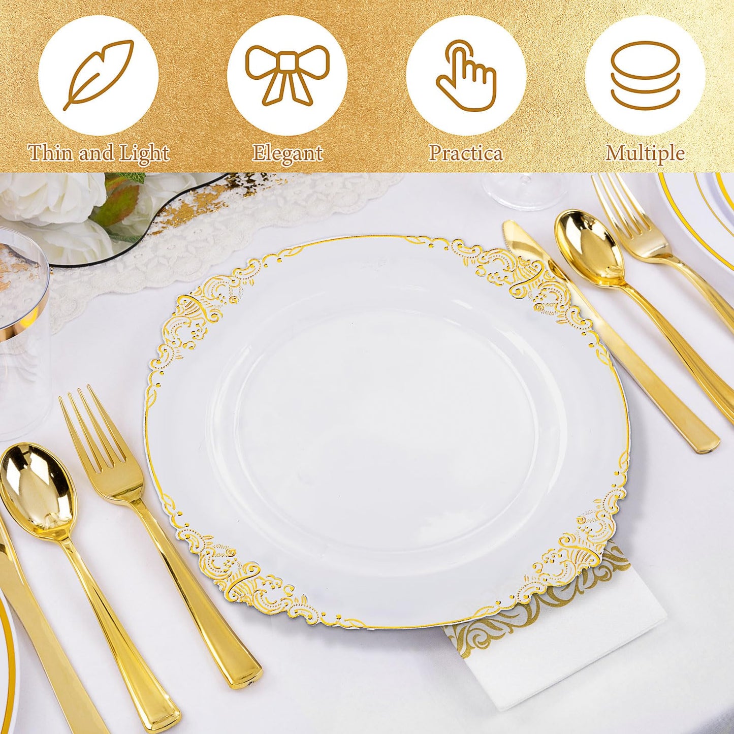 50 Pcs Plastic Plates Plastic Dinner Plates with Gold Rim 10.25 Inch Disposable Party Plates for Weddings Upscale Parties Thanksgiving Tableware (Transparent Gold)