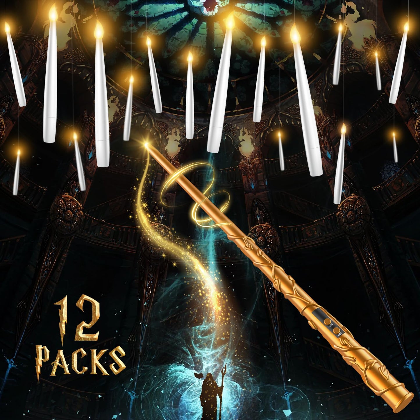 Floating Candles with Wand - Christmas Magic Hanging Flameless Candles Taper Candles with Remote for Halloween Window Home Bedroom Birthday Party Decorations (12 PCS White Candles + Golden Wand)