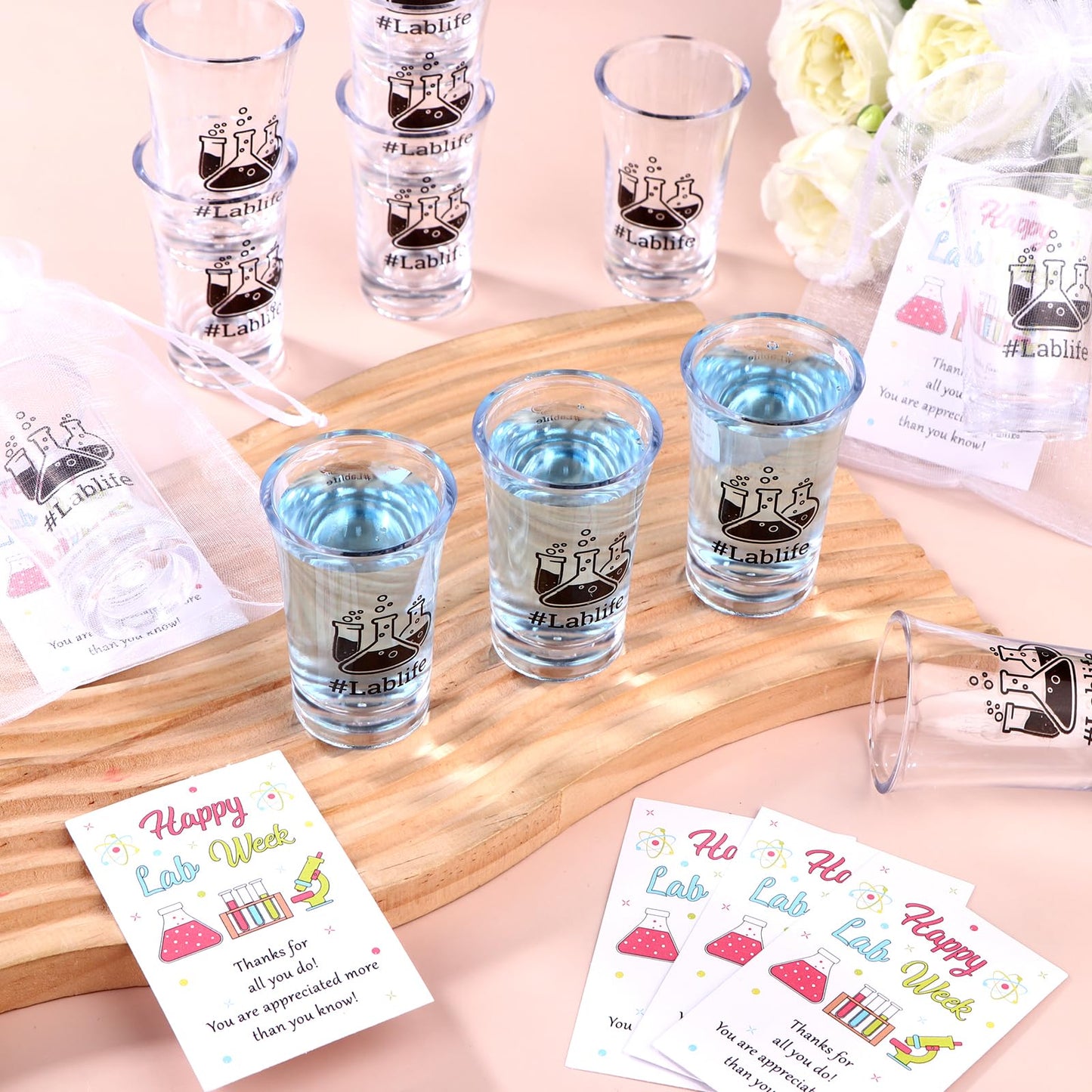 HCEWSBFD 36 Sets Lablife Acrylic Shot Glasses Lab Week Shot Glasses Bulk with Happy Lab Week Cards, Lab Week Gifts Bulk for Laboratory Workers Medical Scientist Technician Microbiology Teacher Staff