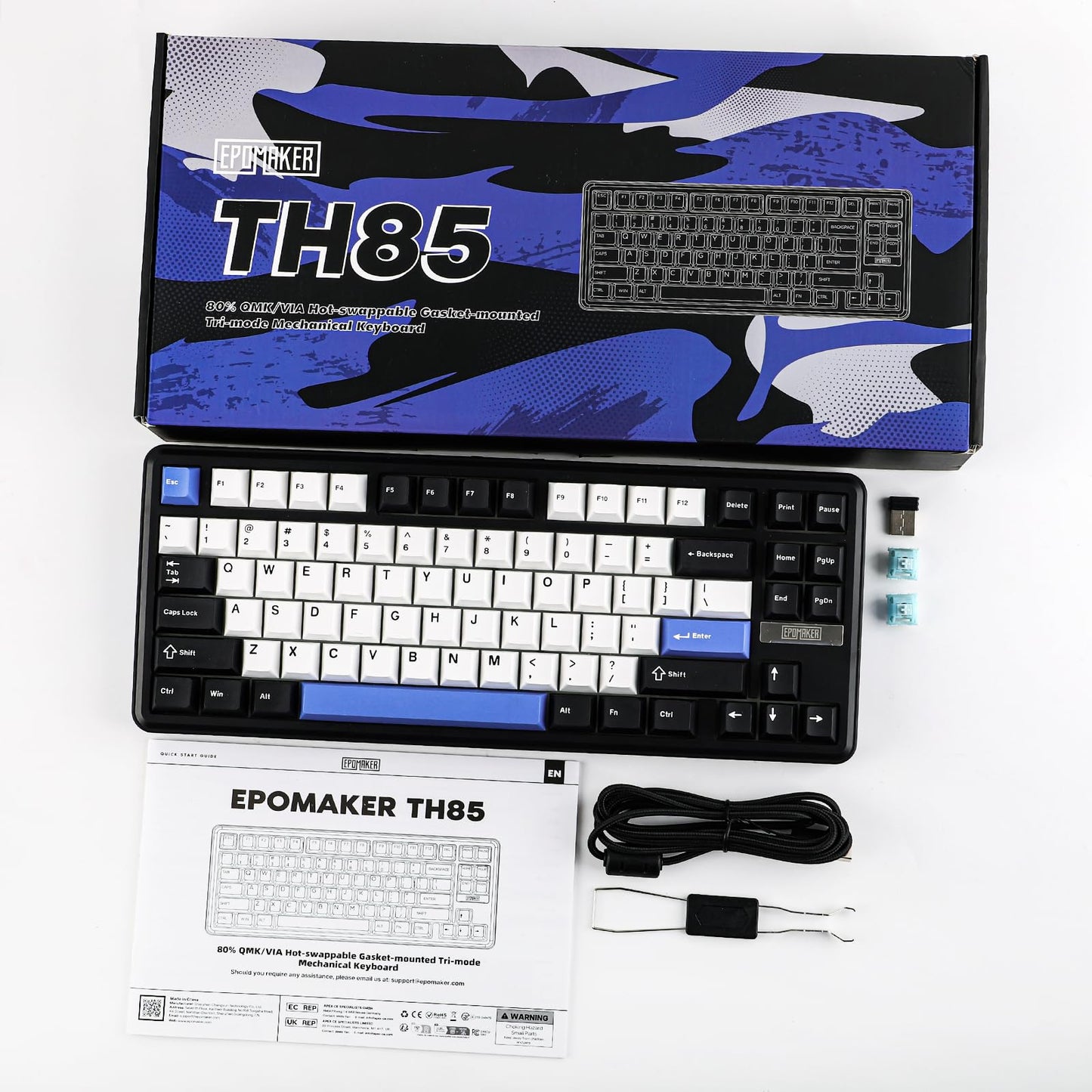 EPOMAKER TH85 QMK/VIA Wireless Mechanical Keyboard, USB/2.4Ghz/Bluetooth Gaming Keyboard, Hot Swappable Custom Keyboard, Gasket Creamy Keyboard for PC/Mac/Office/Gaming (Black&White&Blue)