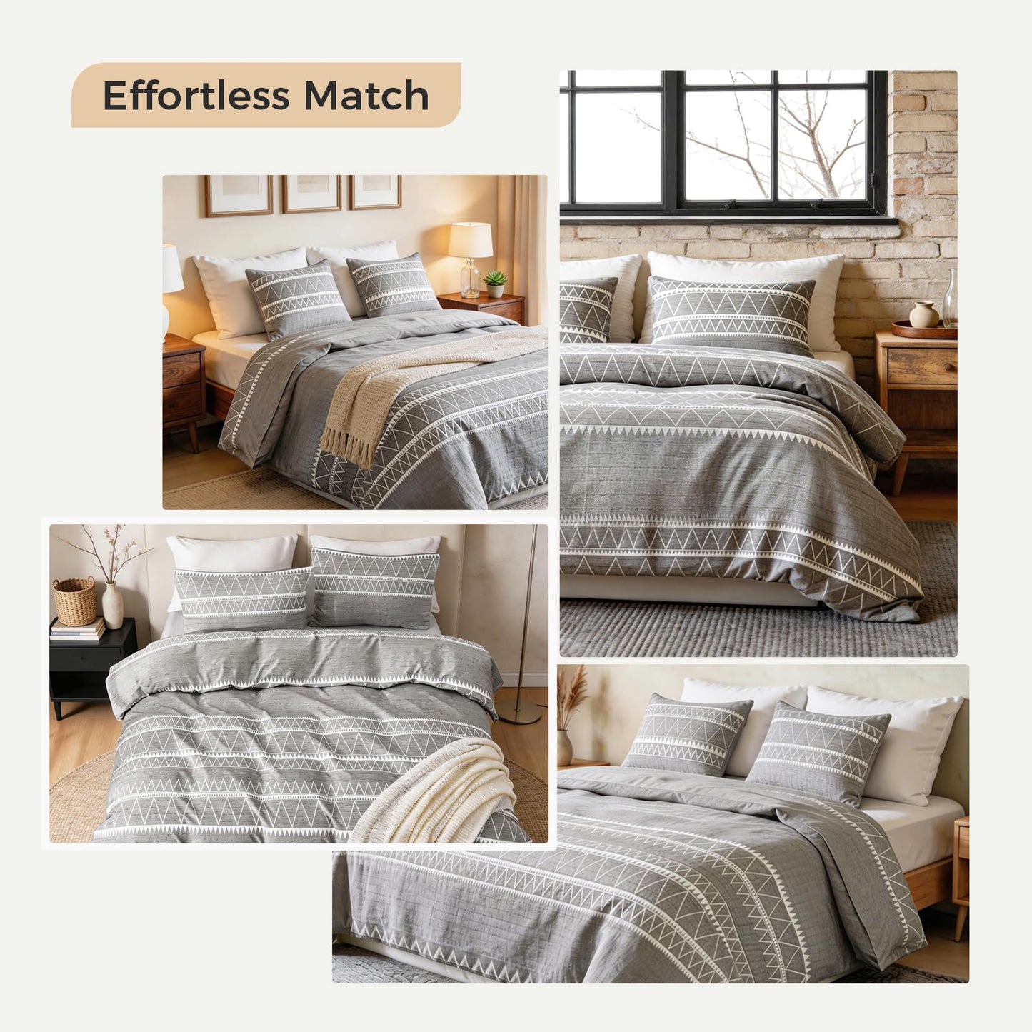 Lekesky Boho Duvet Cover King, Ultra Soft Brushed Microfiber King Duvet Cover Set, 3 Pieces Breathable King Bedding Sets with Zipper Closure and Corner Ties, Grey Striped