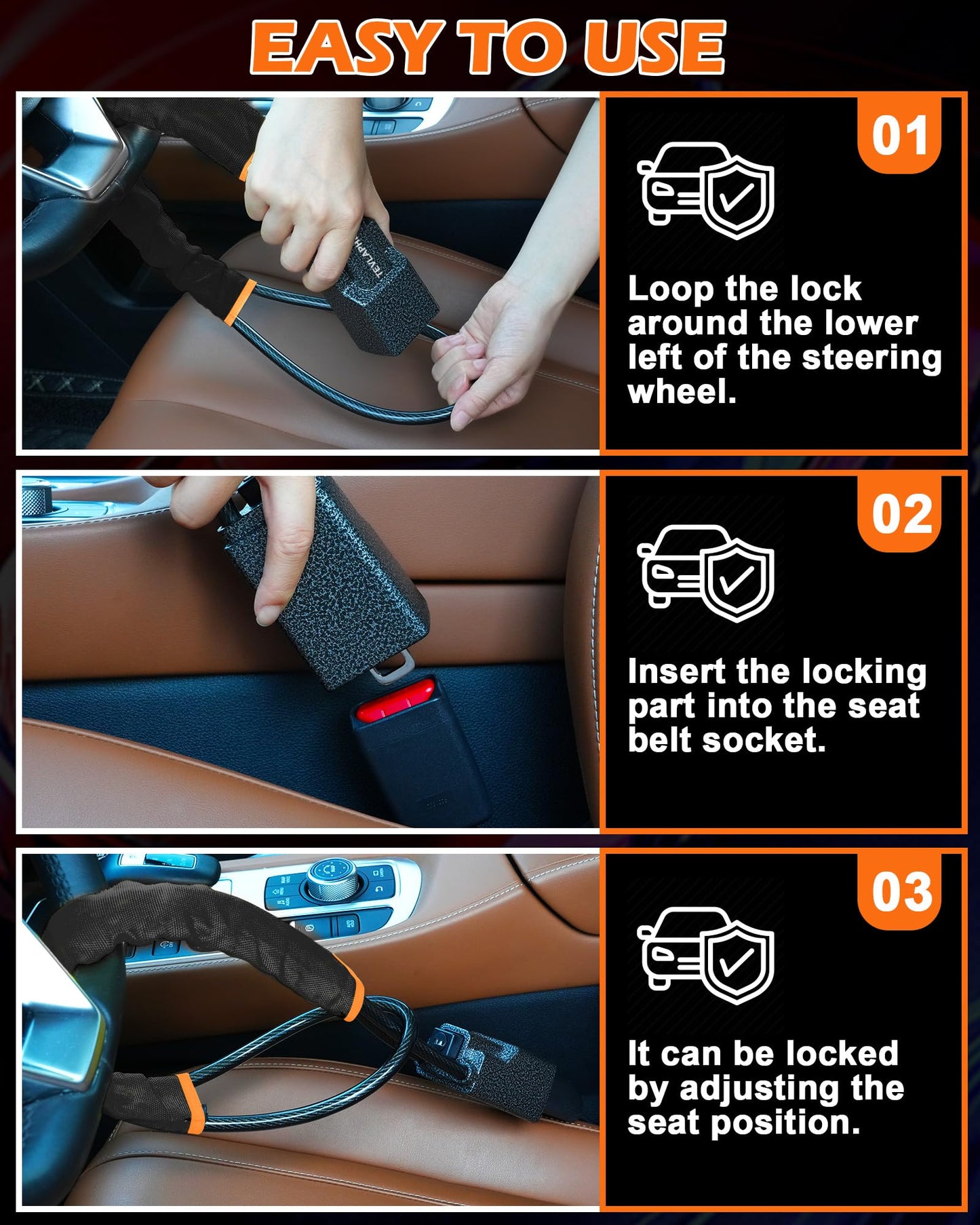 Tevlaphee Steering Wheel Lock Seat Belt Lock Universal Anti Theft Car Device Car Lock Car Theft Prevention with 3 Keys for Car Security Fit Most Vehicles Truck SUV Van (Black)