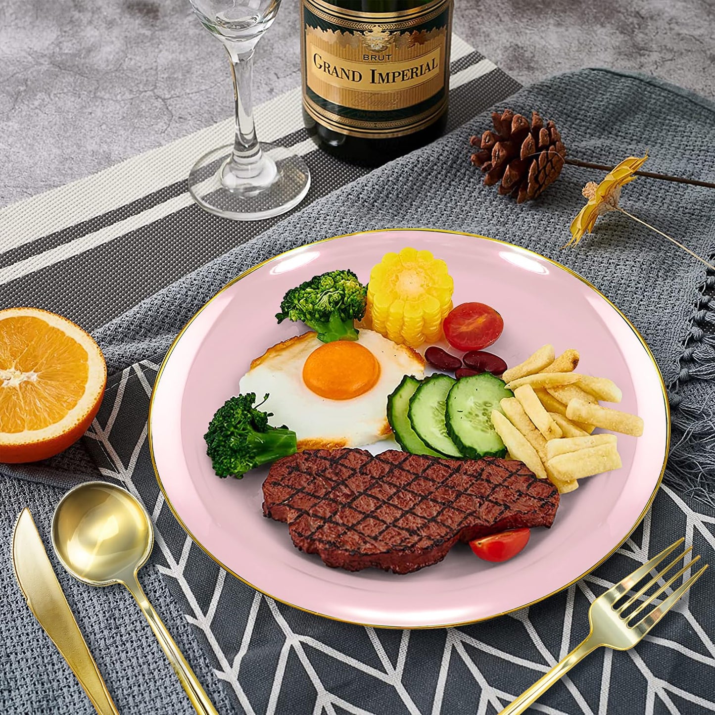 150Pcs Plastic Disposable Plates Set, Plastic Dinnerware Disposable Party Plates Set with Gold Rim for 30 Guests, Include: 30Pcs Dinner Plates, 30Pcs Dessert Plates, 90Pcs Gold Cutlery(Pink)