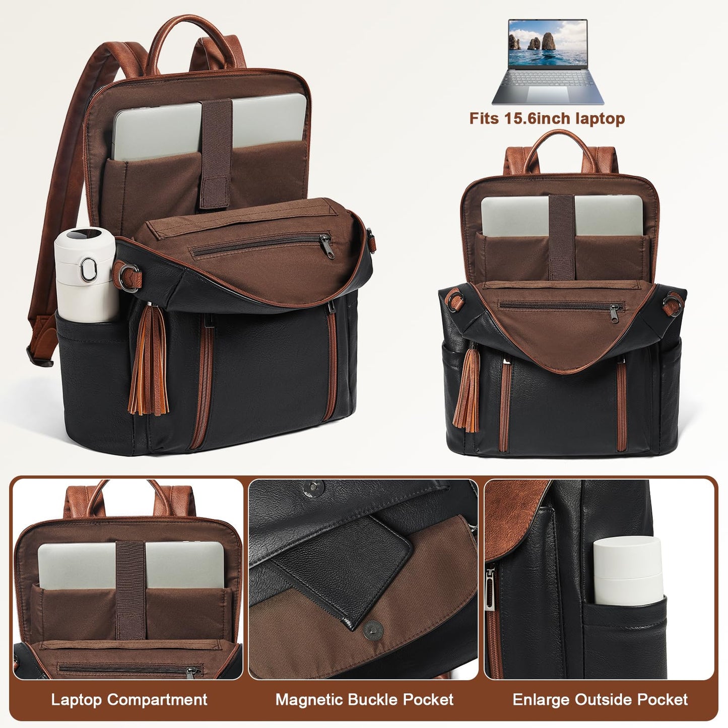 Shrrie Large Leather Backpack for Women 15.6 inch Laptop Backpack Travel Work Backpack Purse for Business College