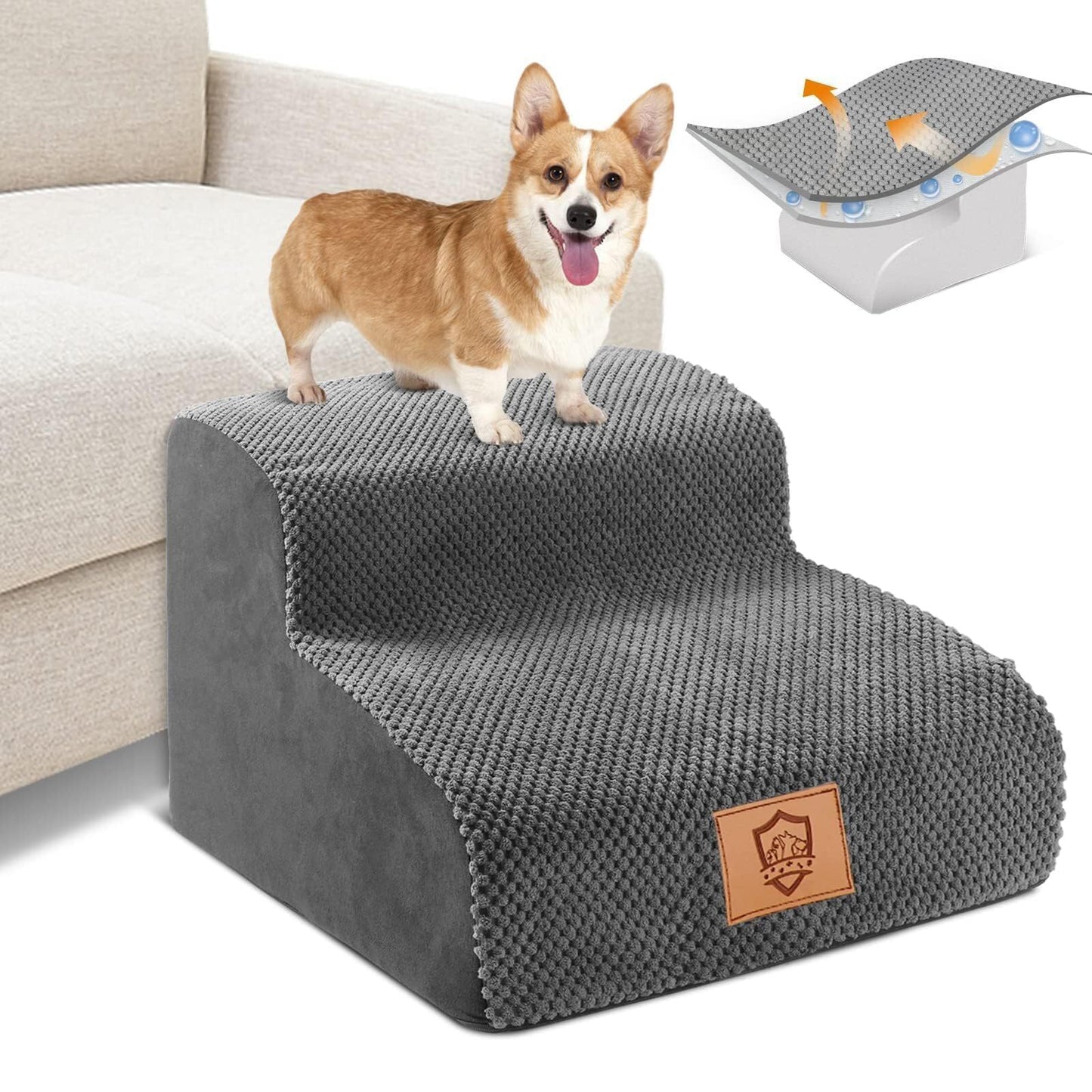 Almcmy 2-Step Dog Stairs for High Bed, Foam Pet Stairs with Removable Washable Cover, Non-Slip Dog Steps Ramp for Small & Older Dogs, Holds Up to 50 lbs, Grey