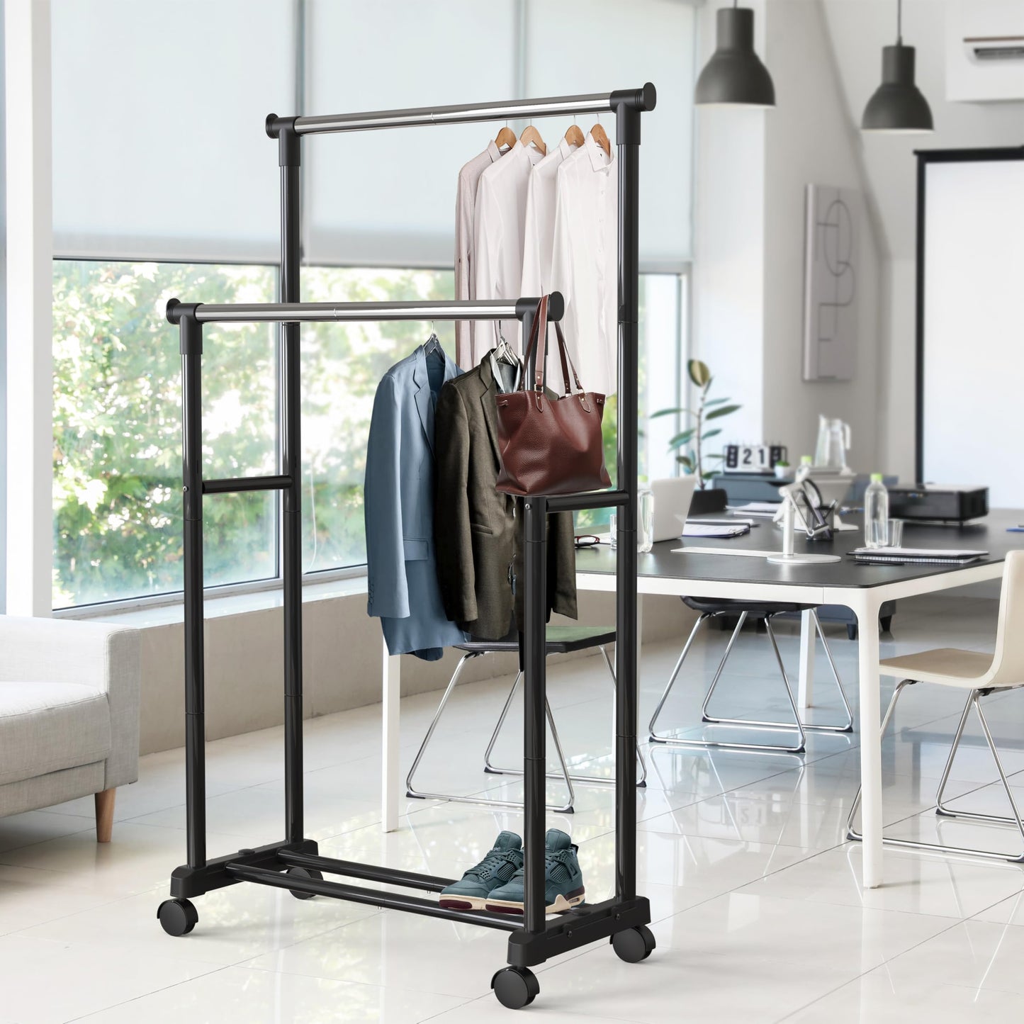 Simple Houseware Double Rods Clothing Rack on Wheels, Metal Rolling Garment Rack for Hanging Clothes, Black