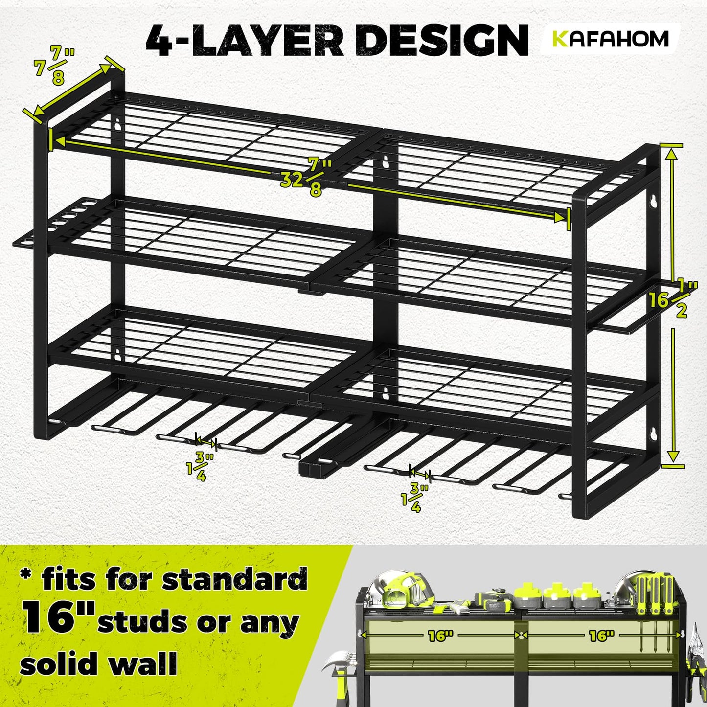 KAFAHOM Power Tool Organizer-8 Drill Holder Wall Mount,4 Layer Heavy Duty Metal Power Tool Storage Rack,Garage Tool Organizer and Storage with Screwdriver/Plier/Hammer Holder