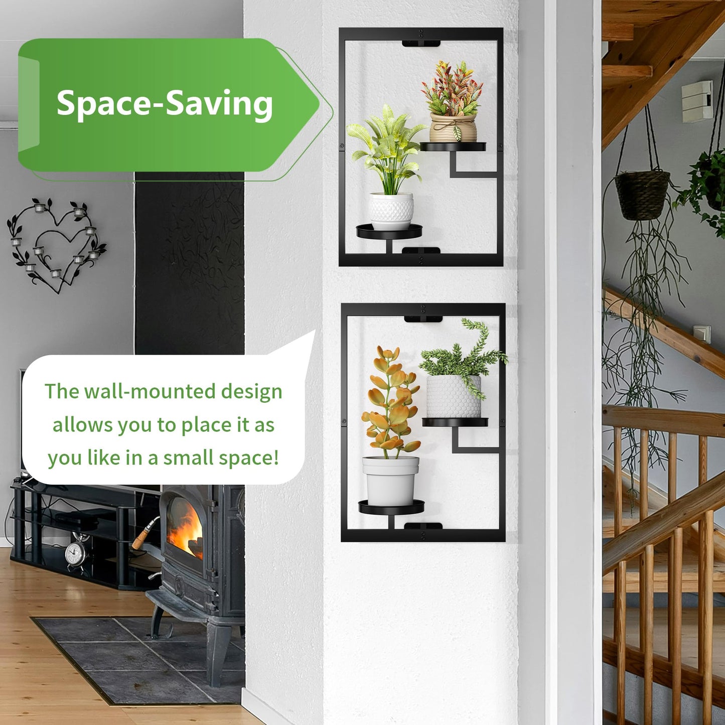 2 Pack Picture Frame Wall Plant Holder, Window Plant Hanger Indoor Wall Mount, Metal Hanging Planter, ATSKIM Flower Stand Floating Shelves Decor for Living Room Balcony (Black)