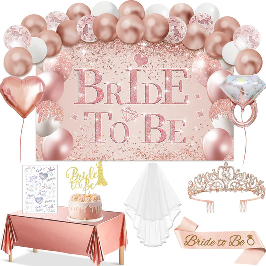 54Pcs Bridal Shower Decorations with Rose Gold Bride to Be Banner, Balloons, Crown, Sash and Veil, Tablecloth, Tattoos and Cake Toppers, Bachelorette Party Decorations Accessories